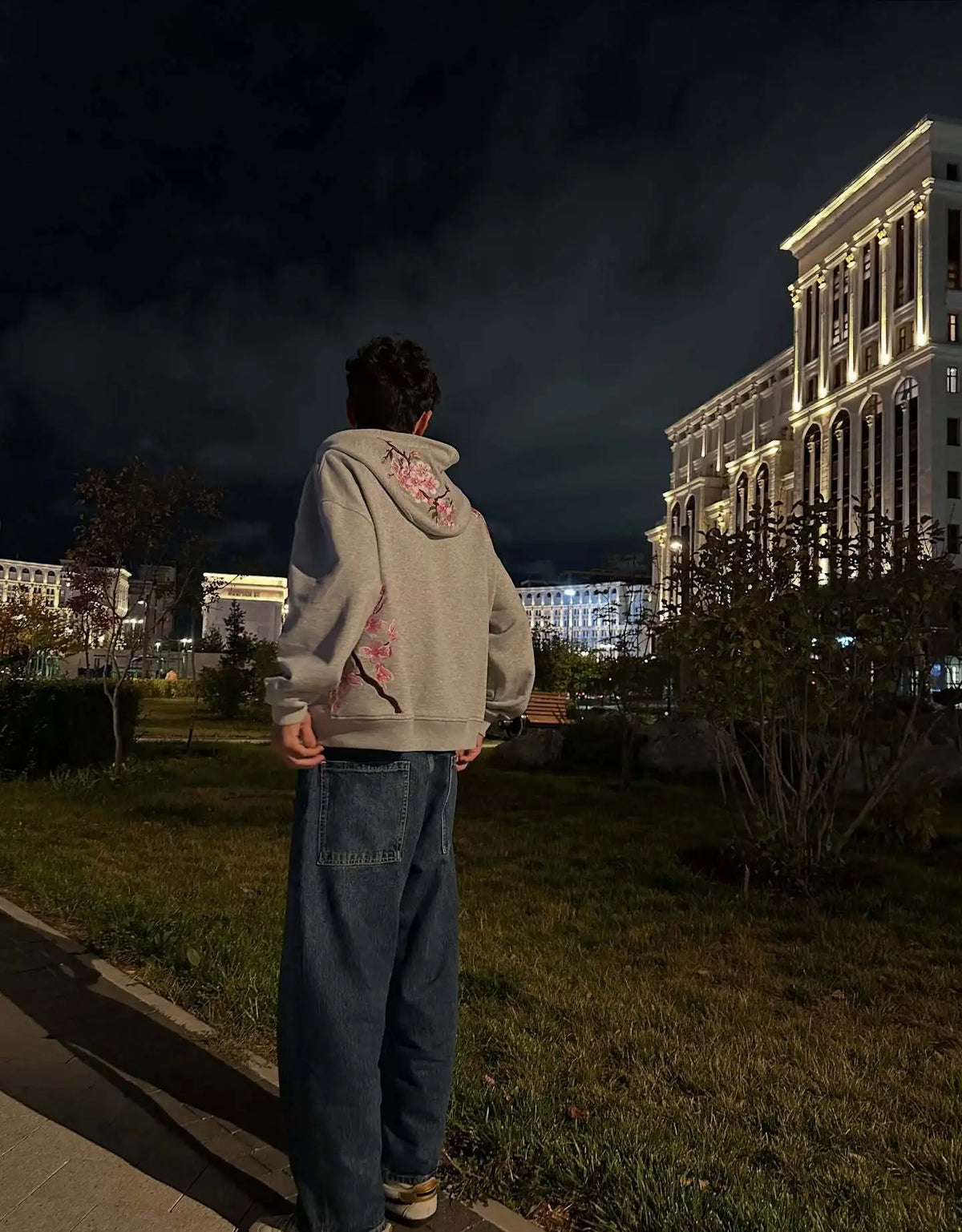 Cherry Blossom Embroidered Zip-Up Hoodie