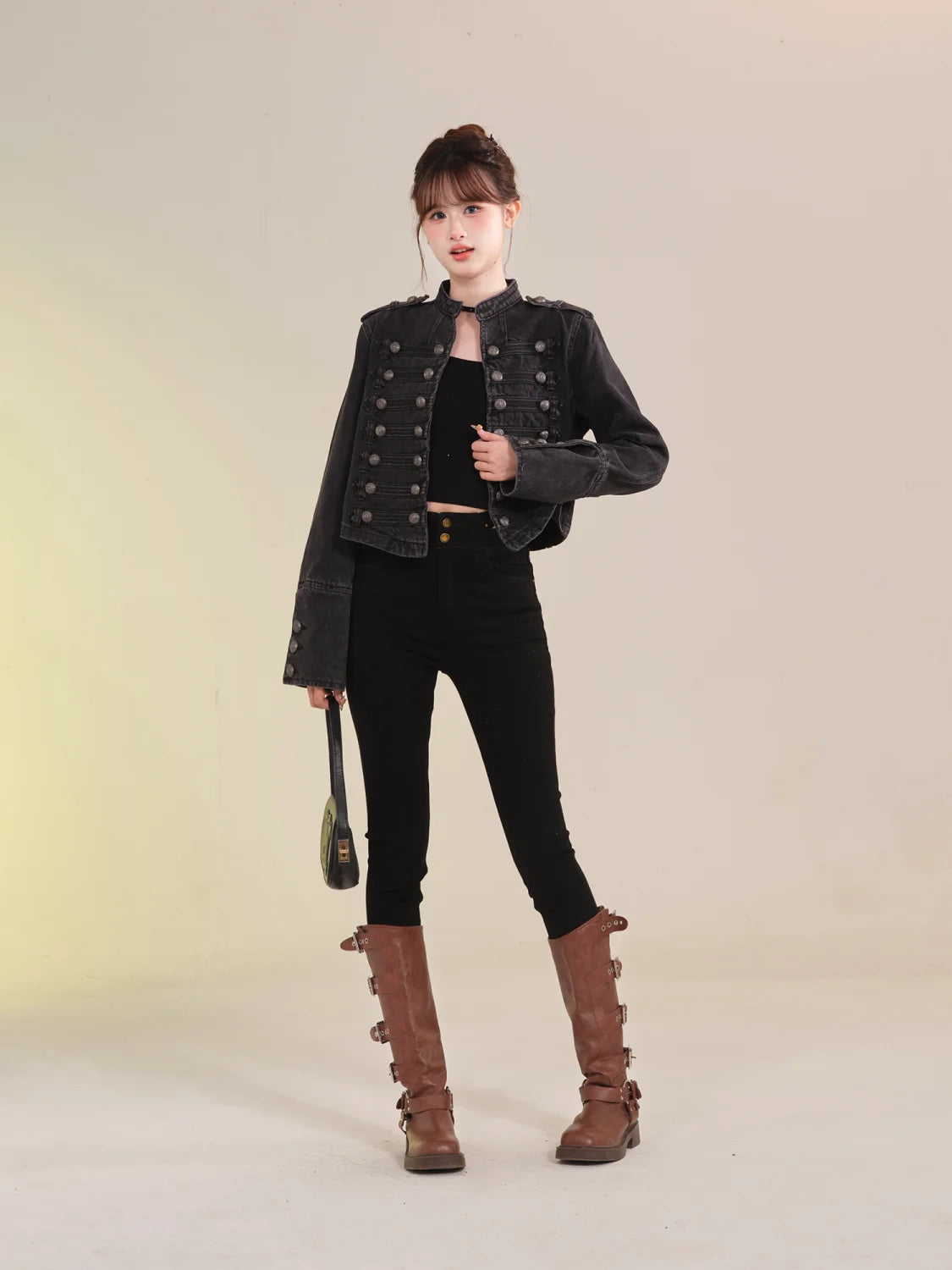 Women's American Retro Denim Military Inspired Cropped Jacket Long Sleeve Stand Collar Casual Y2k Motorcycle Coat