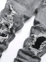 Men's Ripped Patchwork Stretch Denim Jeans | Streetwear