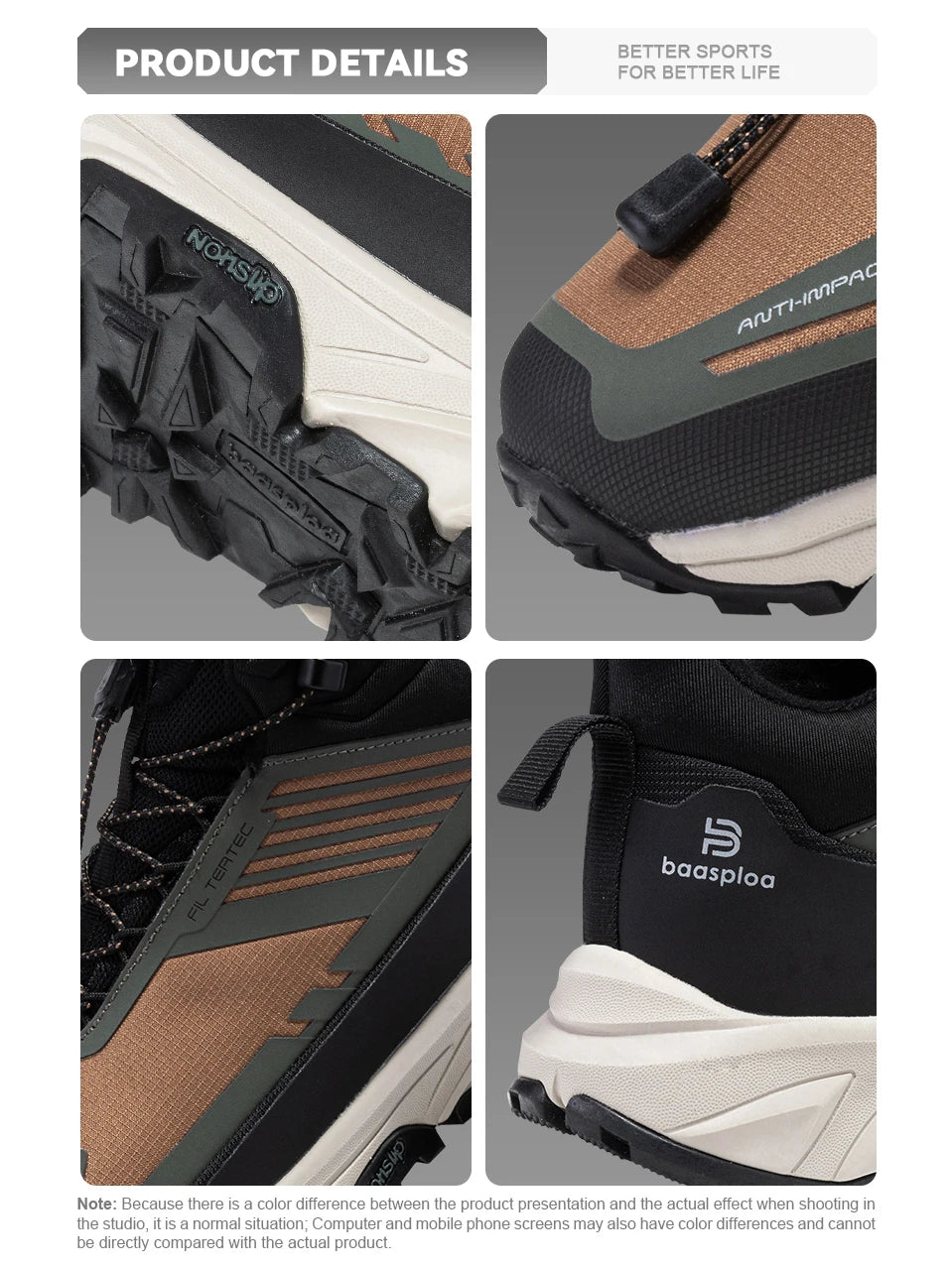 Baasploa Men Hiking Shoes Outdoor Waterproof Resistant Sneakers Male Winter Comfort Plush Warm Casual Walking Shoes Non-Slip