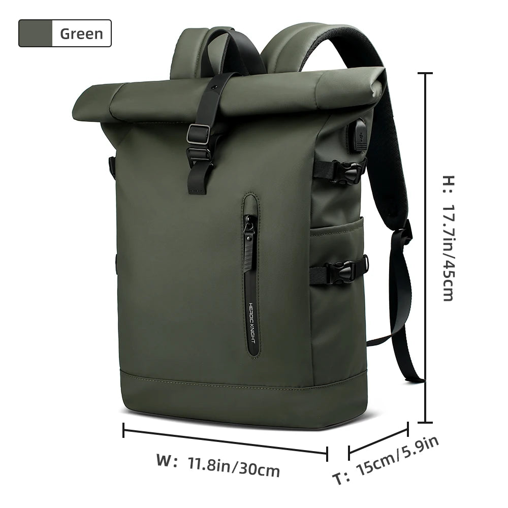 Heroic Knight Men's Backpack Waterproof Roll Top Backpack Women Travel Expandable USB Charging Large Capacity Laptop Bag Mochila