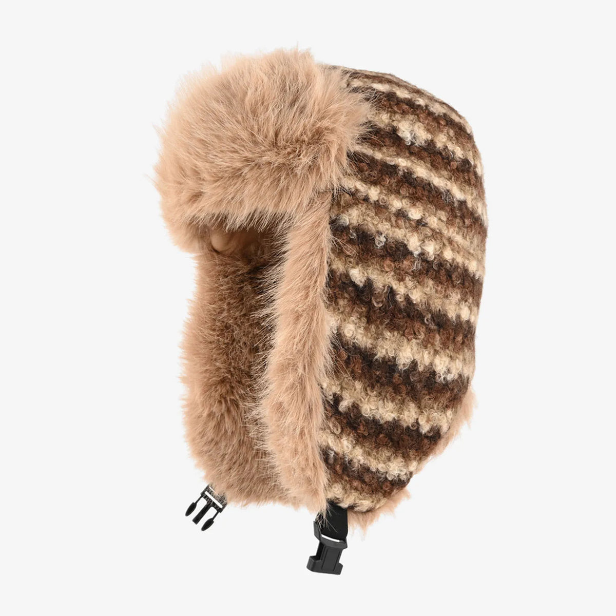 Winter Striped Knit Faux Fur Trapper Hat Women Thermal Fluffy Ushanka Earflap Cap Vintage Skiing Bomber Trooper Bonnet Pattern
