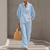 Fashion Cotton Linen  Pant Set  Women's Casual Stand Collar Button Top Wide Leg Trousers 2-piece Set Retro Female Office Suit
