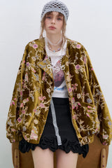 ELFSACK 2025 Gold Velvet Jacket Women's Winter Short Coat, Embroidered Goldfish Chinese Style Vintage Loose Padded Jacket