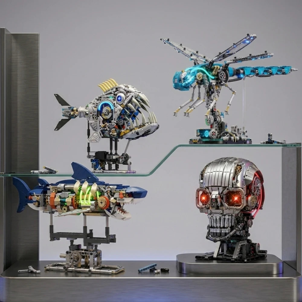 Mechanical Animal Technical Building Blocks, Light MOC Assembly Bricks, Shark Dragonfly Skull Piranha 4 Styles Adults Kids Gift