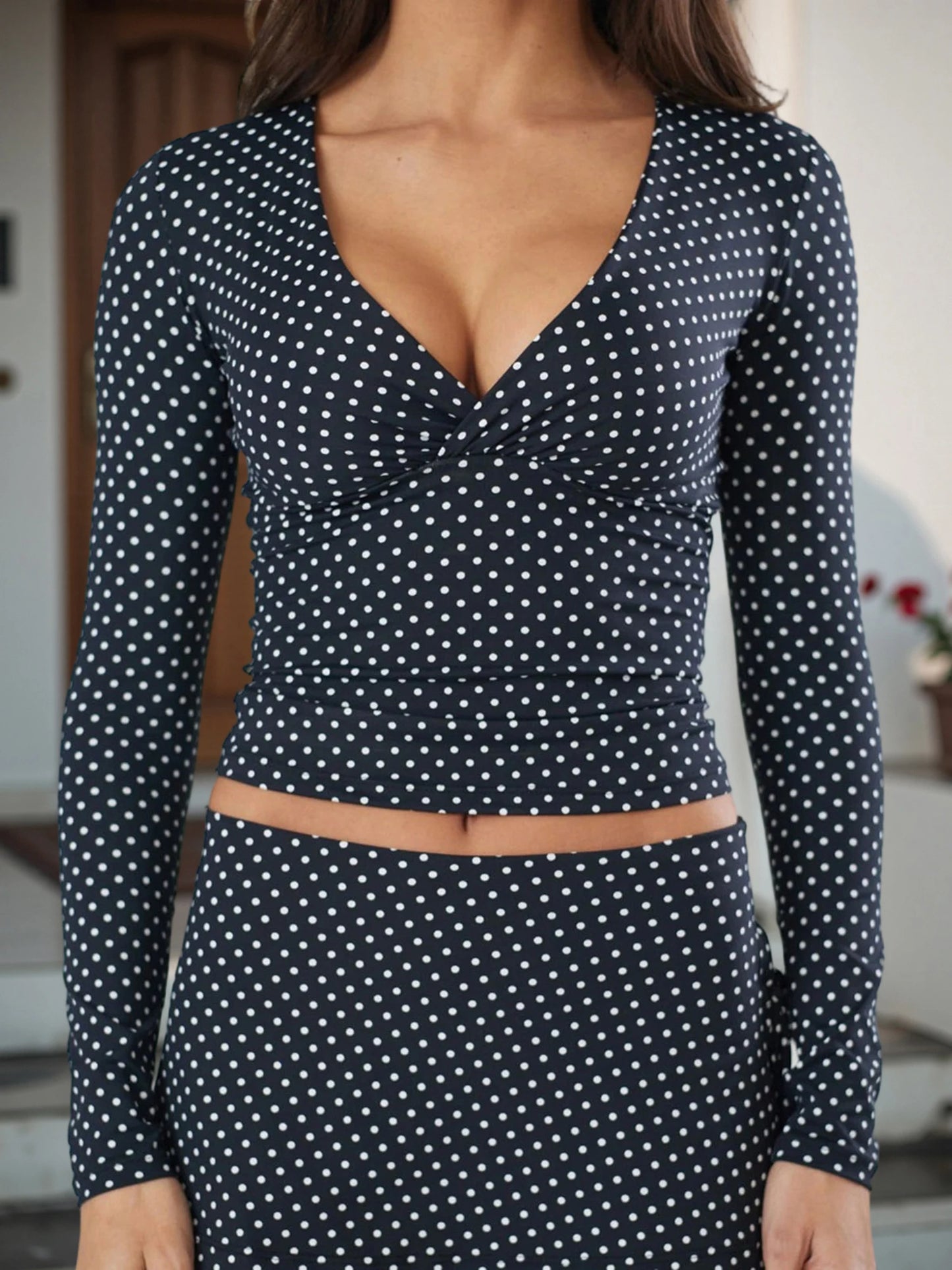 Polka Dot V-Neck Long Sleeve Tee