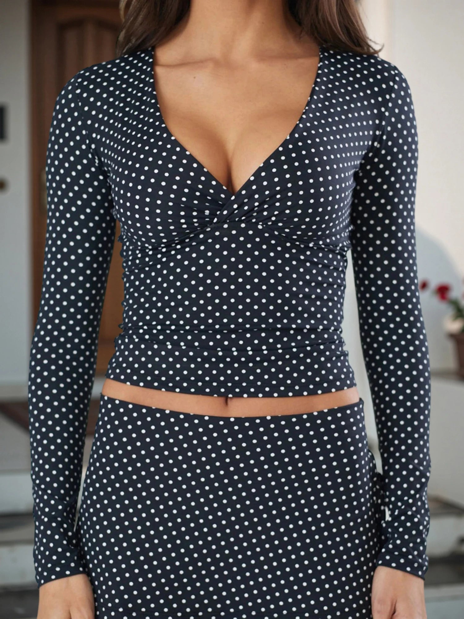 Polka Dot V-Neck Long Sleeve Tee