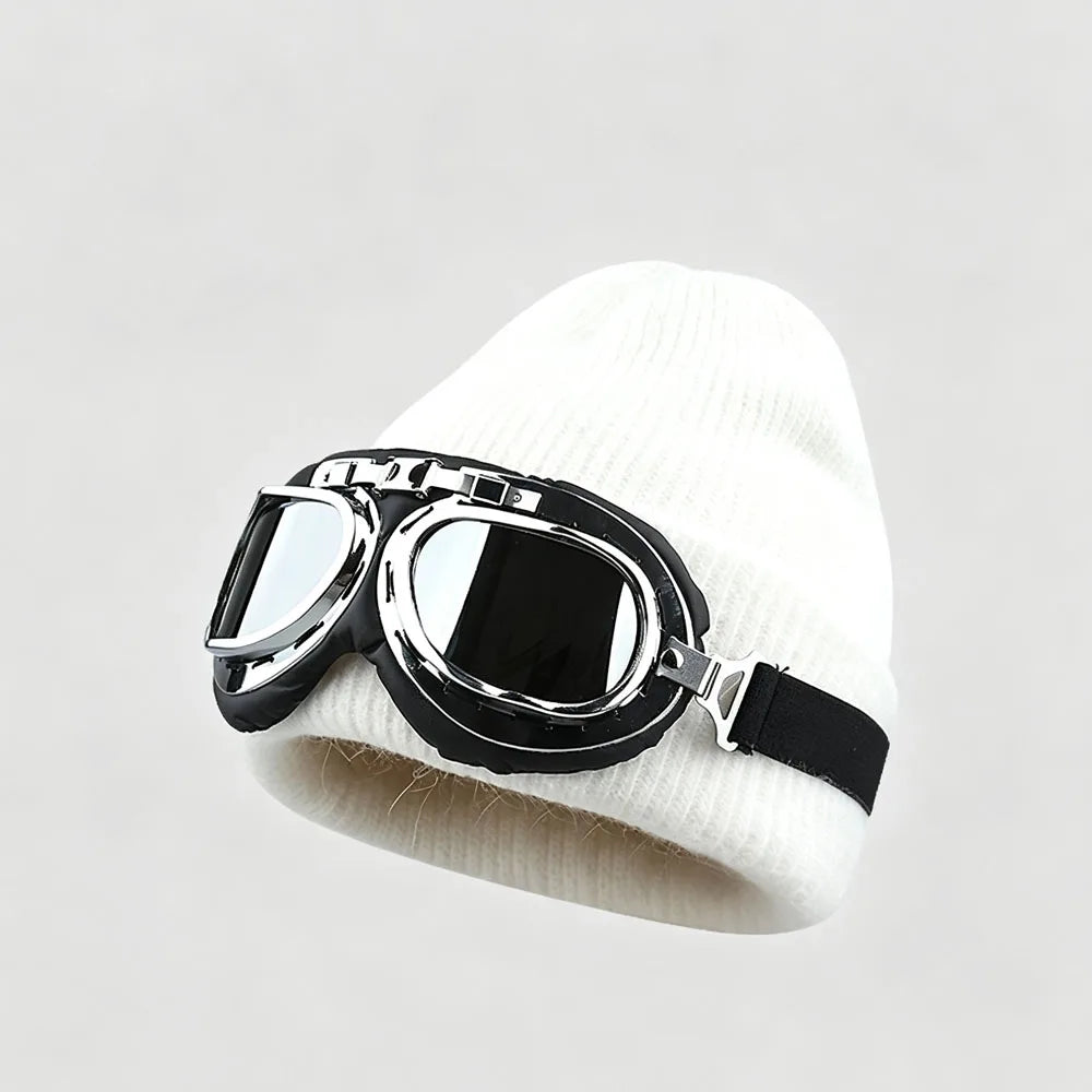 winter Fuzzy White Knitted Beanie Hat with Glasses Outdoor Winter Skiing Windproof Thermal Skullies Bonnet Ski Goggles Decor