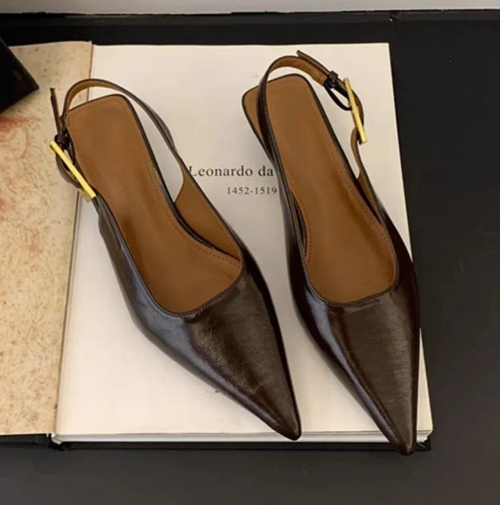 2026 Summer New Women Sandal Fashion Pointed Toe Shallow Slip on Ladies Elegant Slingback Shoes Thin Med Heel Dress Mules Pumps