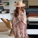 Women V Neck Vintage Vine Print Batwing Sleeve Maxi Dress Drawstring Waist Loose Flare Long Dress Mesh Texture Beach Vacation