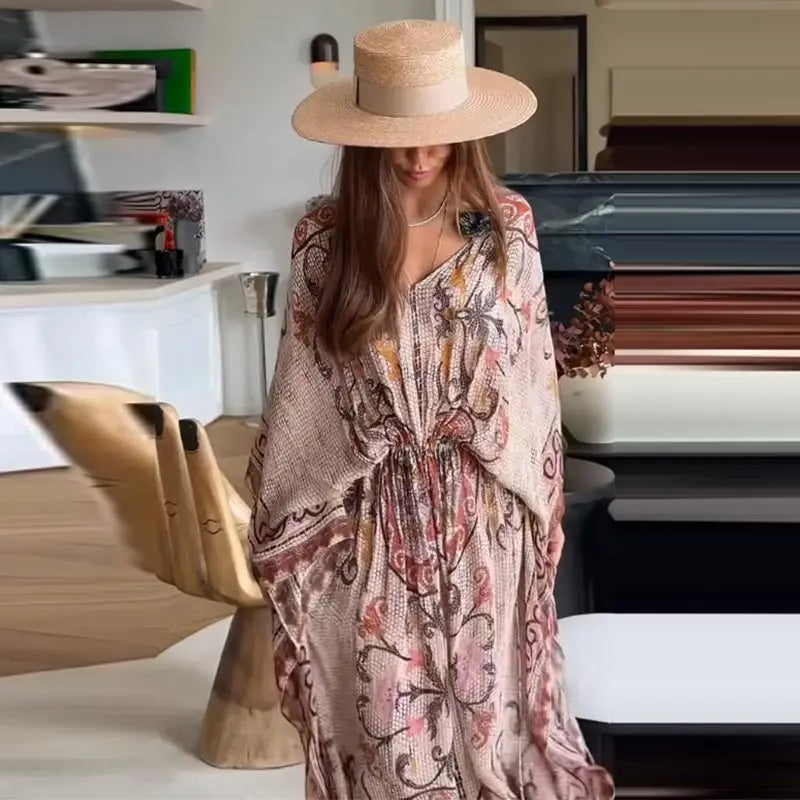 Women V Neck Vintage Vine Print Batwing Sleeve Maxi Dress Drawstring Waist Loose Flare Long Dress Mesh Texture Beach Vacation