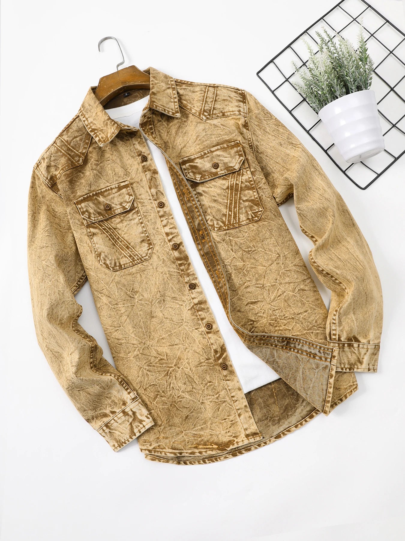 Men's retro denim shirt, long-sleeved, fashionable new style, casual coat, high-end sense, double pockets, washed denim shirt, l
