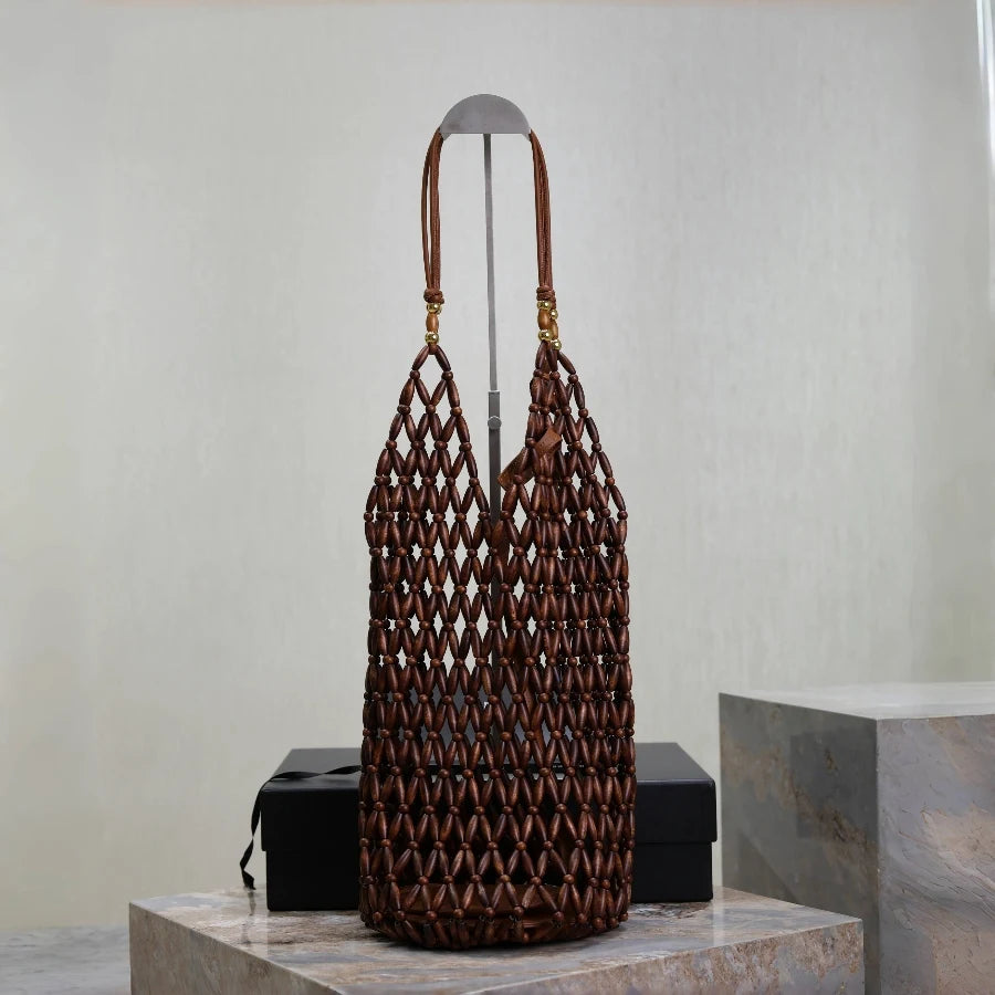 Retro Wood Bead Woven Tote Bag – Boho Shoulder Purse