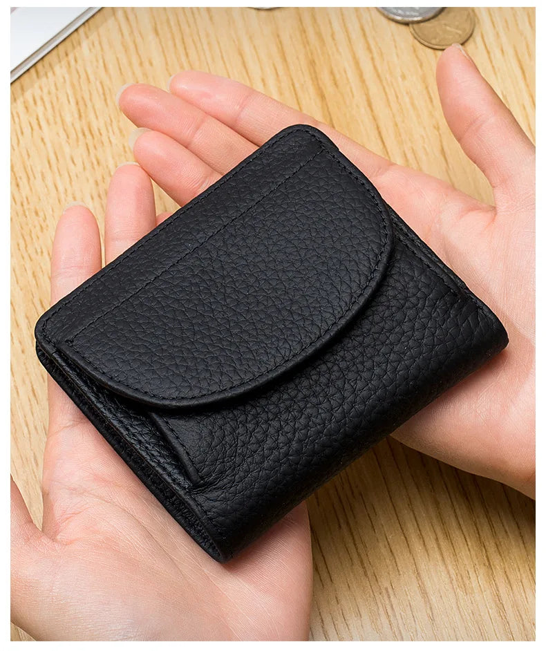 New Women Genuine Leather Mini Wallet RFID Folding Simple Ultra-thin Small Soft Cowhide Wallet Female Card Holder Coin Bags