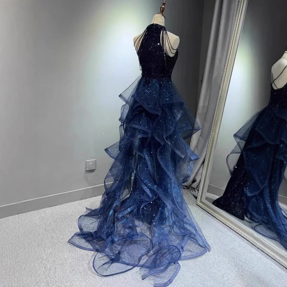 Elegant Sparkling Halter Evening Gown with Beading & Sweep Train