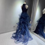 Elegant Sparkling Halter Evening Gown with Beading & Sweep Train