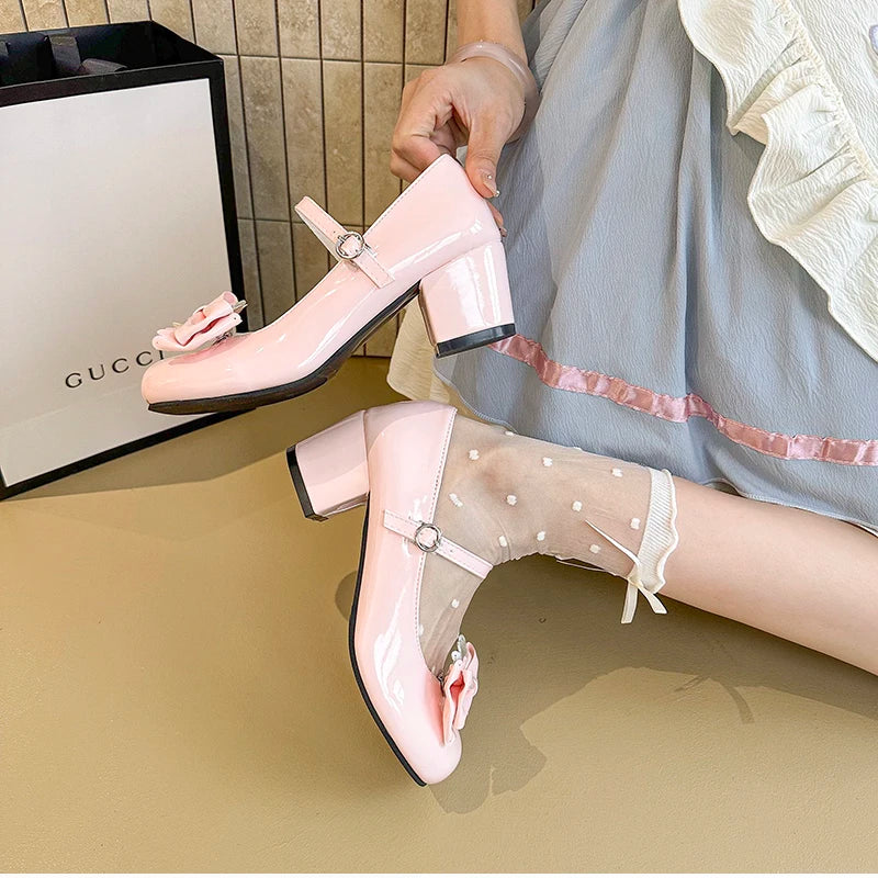Cute Butterfly-knot Women Lolita Mary Jane Shoes Concise Thick Heel Leather Shoes Ladies Shallow Pumps
