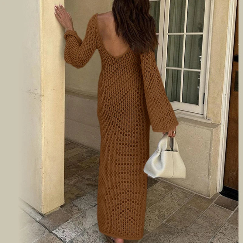 Knitted Hollow-Out V-Neck Maxi Beach Cover-Up