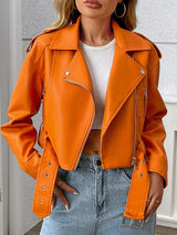Ailegogo Spring Autumn Women Faux Pu Leather Short Jacket with Belt Motorcycle Biker Female Zipper Lapel Loose Coat Outwear