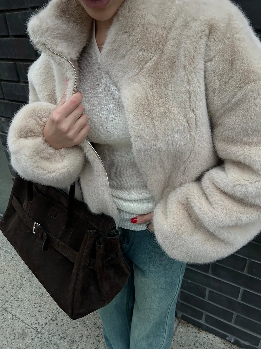 Bornladies New Women's Faux Fur Jacket Zipper Warm Plush Coat Oversized Soft Fluffy Stand Up Collar Autumn Winter Casual Jacket