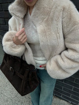 Bornladies New Women's Faux Fur Jacket Zipper Warm Plush Coat Oversized Soft Fluffy Stand Up Collar Autumn Winter Casual Jacket