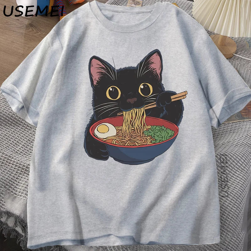 Ramen Cat Tshirt Japanese Style Cat Lover T-Shirt Kawaii Cartoon Cotton Short Sleeve T Shirts Mens Clothes Tee Shirt Tops