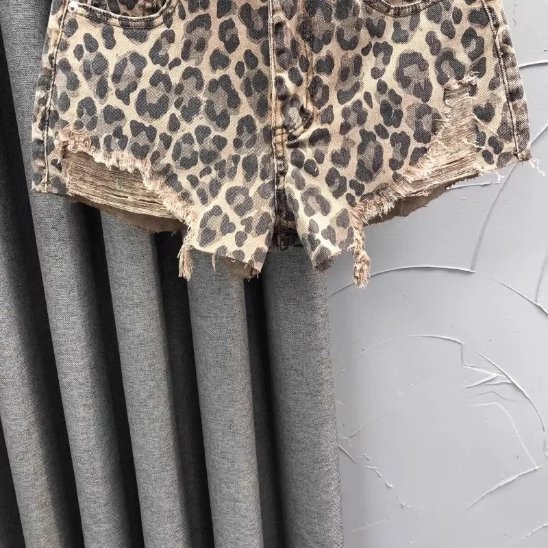 Leopard Print High-Waist Denim Shorts for Women