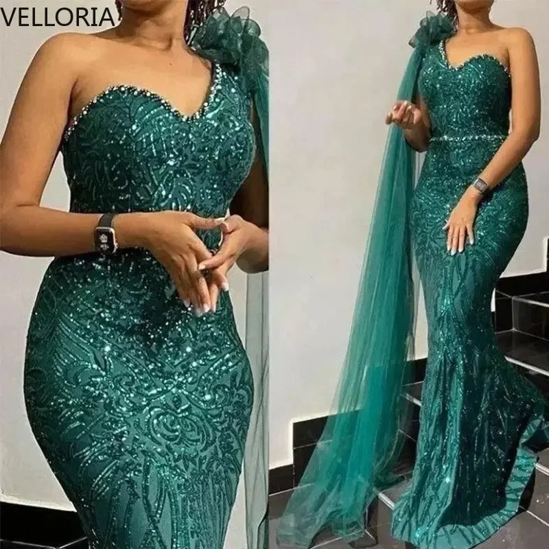Elegant Mermaid One-Shoulder Beaded Evening Gown