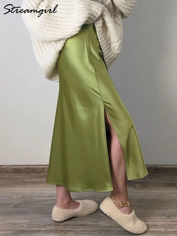 Women's Satin Midi Skirt – Elegant A-Line with Slit