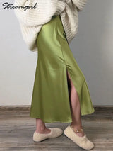 Women's Satin Midi Skirt – Elegant A-Line with Slit