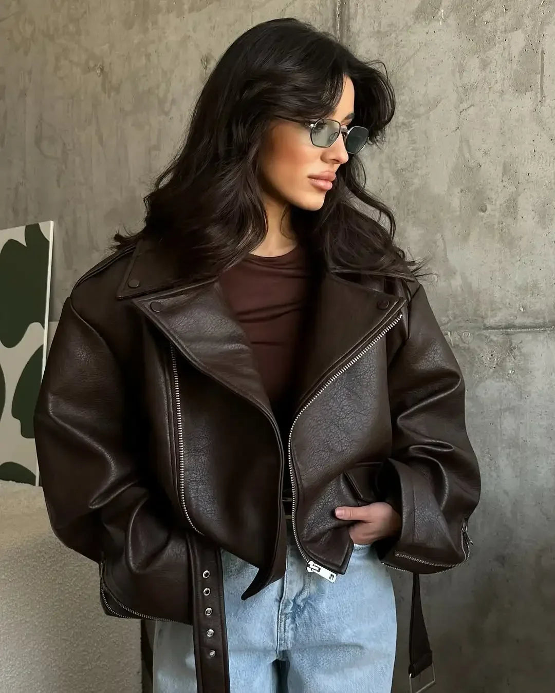 Women's Dark Red Zipper Leather Short Jackets Chic Long Sleeve Lace Up Lapel Loose Button Coat Lady Daily High Street Wear 2025