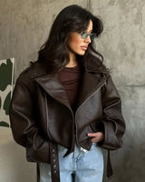 Women's Dark Red Zipper Leather Short Jackets Chic Long Sleeve Lace Up Lapel Loose Button Coat Lady Daily High Street Wear 2025