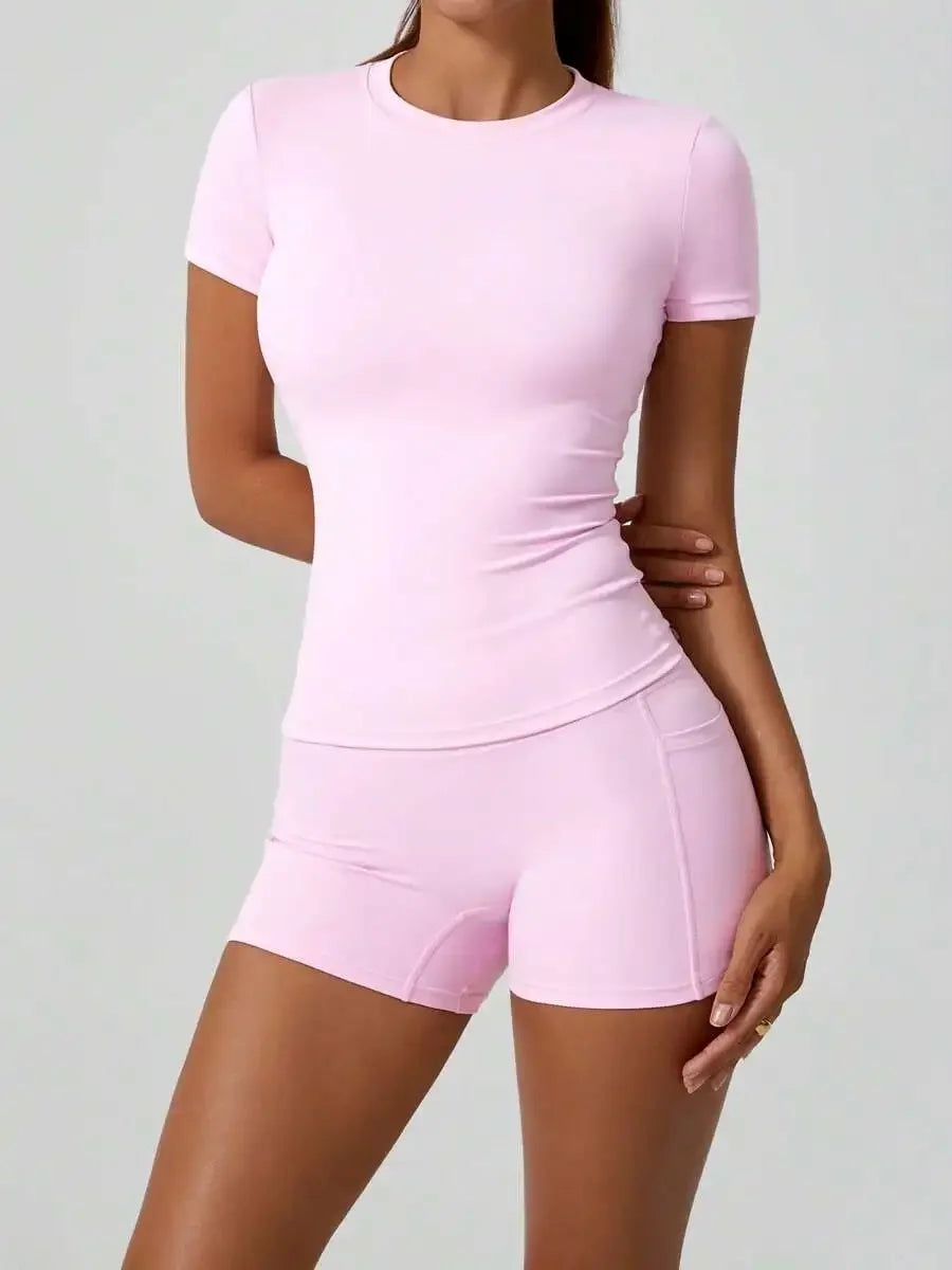 Women's Sculpting Sports Short Sleeve & High-Waist Shorts Set