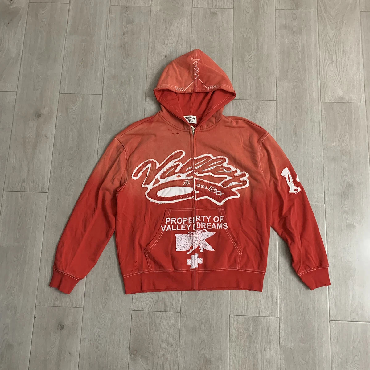 Streetwear Patchwork Letter Embroidery Zipper Terry Hooded Hoodie for Men Distressed Hole Cardigan Sweatshirt Jacket Oversized