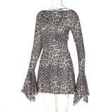 Leopard Print Backless Lace-Up Flare Sleeve Mini Dress