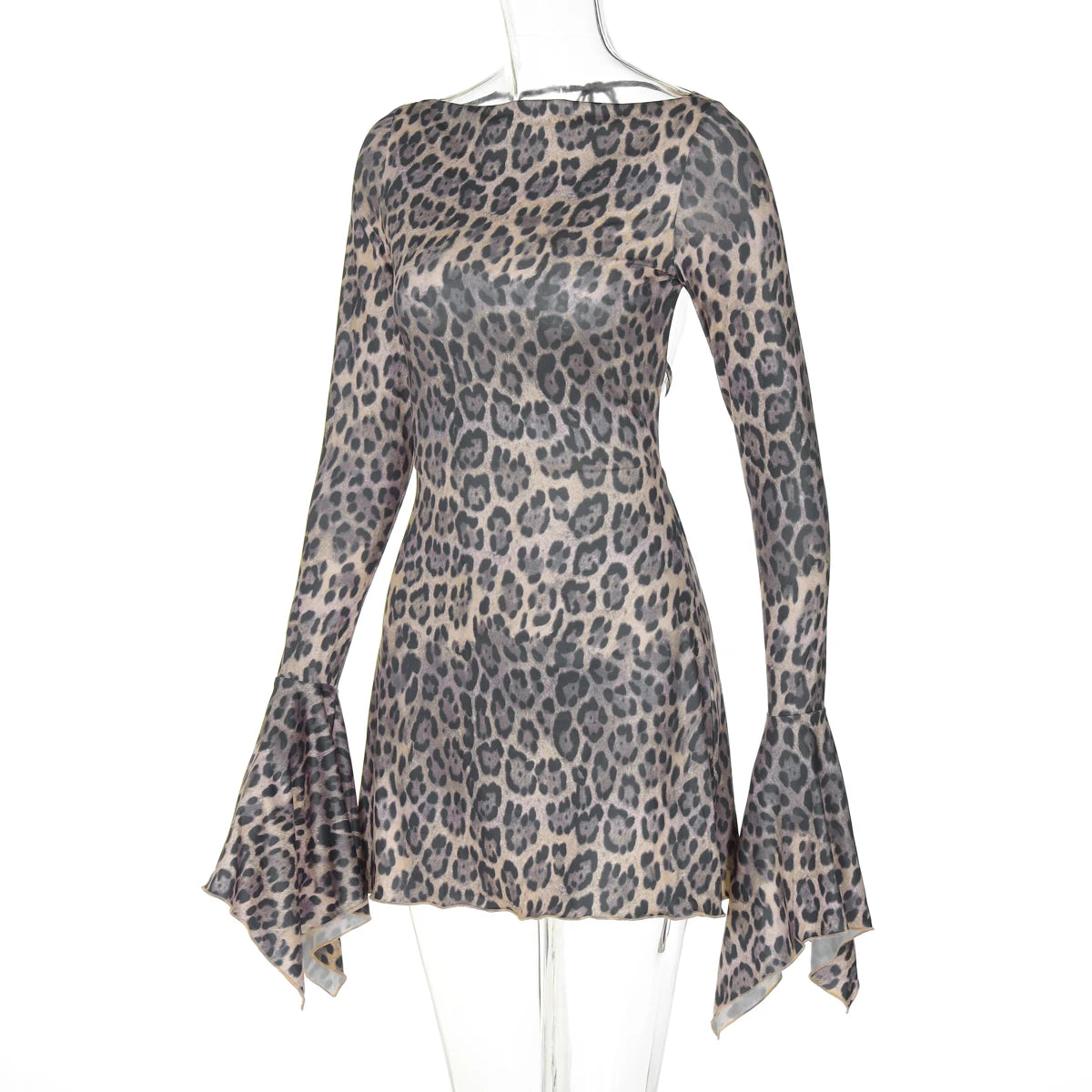 Leopard Print Backless Lace-Up Flare Sleeve Mini Dress