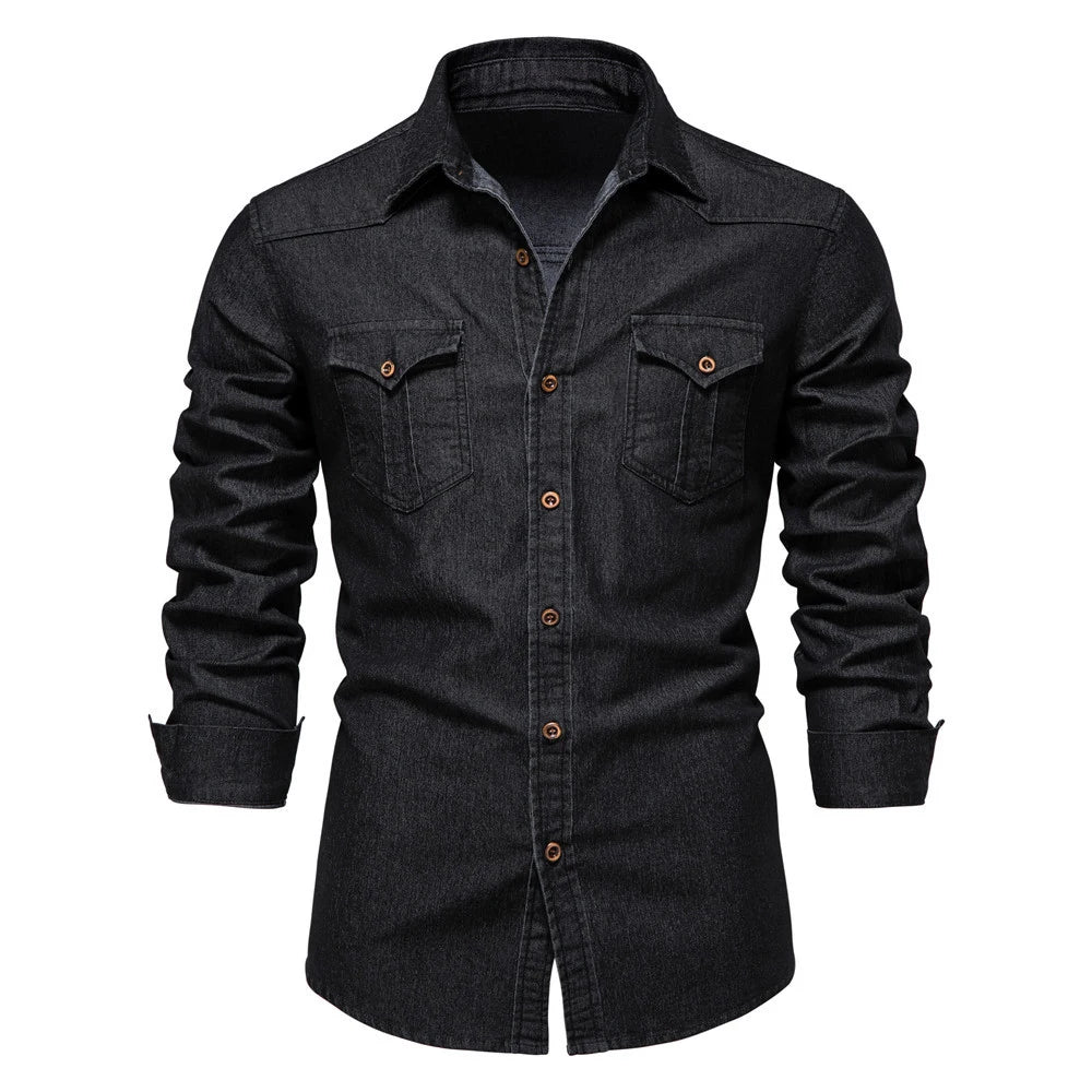 2025 Autumn Cotton Denim Shirts Men Casual Long Sleeve Quality Cowboy Shirt Solid Color Slim Fit Elastic Navy Blue Black Clothes