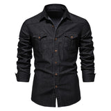 2025 Autumn Cotton Denim Shirts Men Casual Long Sleeve Quality Cowboy Shirt Solid Color Slim Fit Elastic Navy Blue Black Clothes
