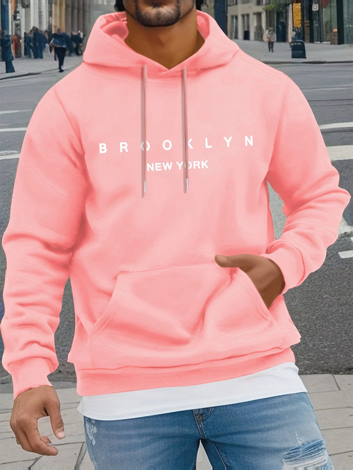 Men's Autumn and Winter Casual Fashionable Loose Brooklyn Classic Letter Printed Long-Sleeved Warm Hooded Pullover