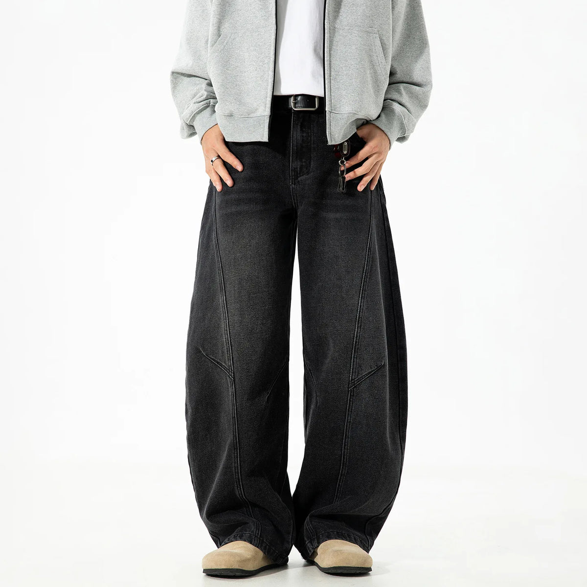 Autumn Retro Structured Split Washed Distressed Curved Jeans with Men's Silhouette Loose Straight Leg Pants Trendy Street Style
