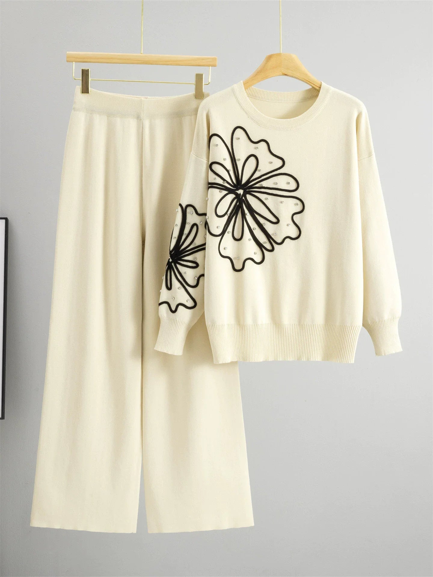 USA-Made Chic Rhinestone Knitted 2-Piece Set – High-Waist Wide Leg Lounge Outfit