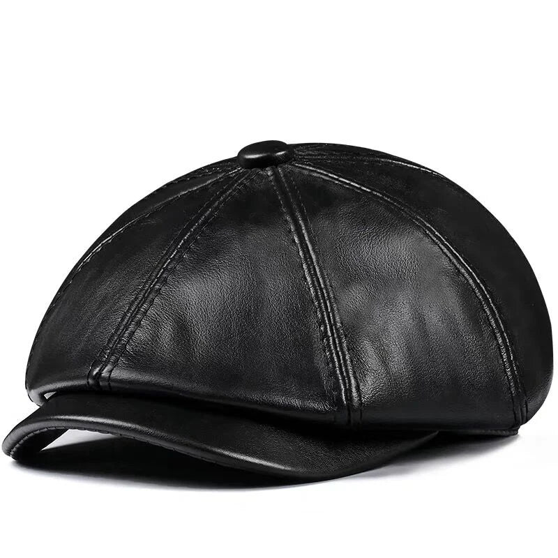 Genuine Leather Octagonal Beret Cap | Men's Cowhide Hat