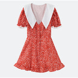 Women Red Floral Printed Mini Dress V-neck Short Sleeved Puff Sleeve Waist Trim Ruffle Slit Hem Dresses 2026 Summer Party Gown