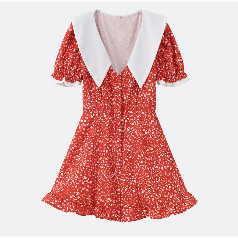 Women Red Floral Printed Mini Dress V-neck Short Sleeved Puff Sleeve Waist Trim Ruffle Slit Hem Dresses 2026 Summer Party Gown