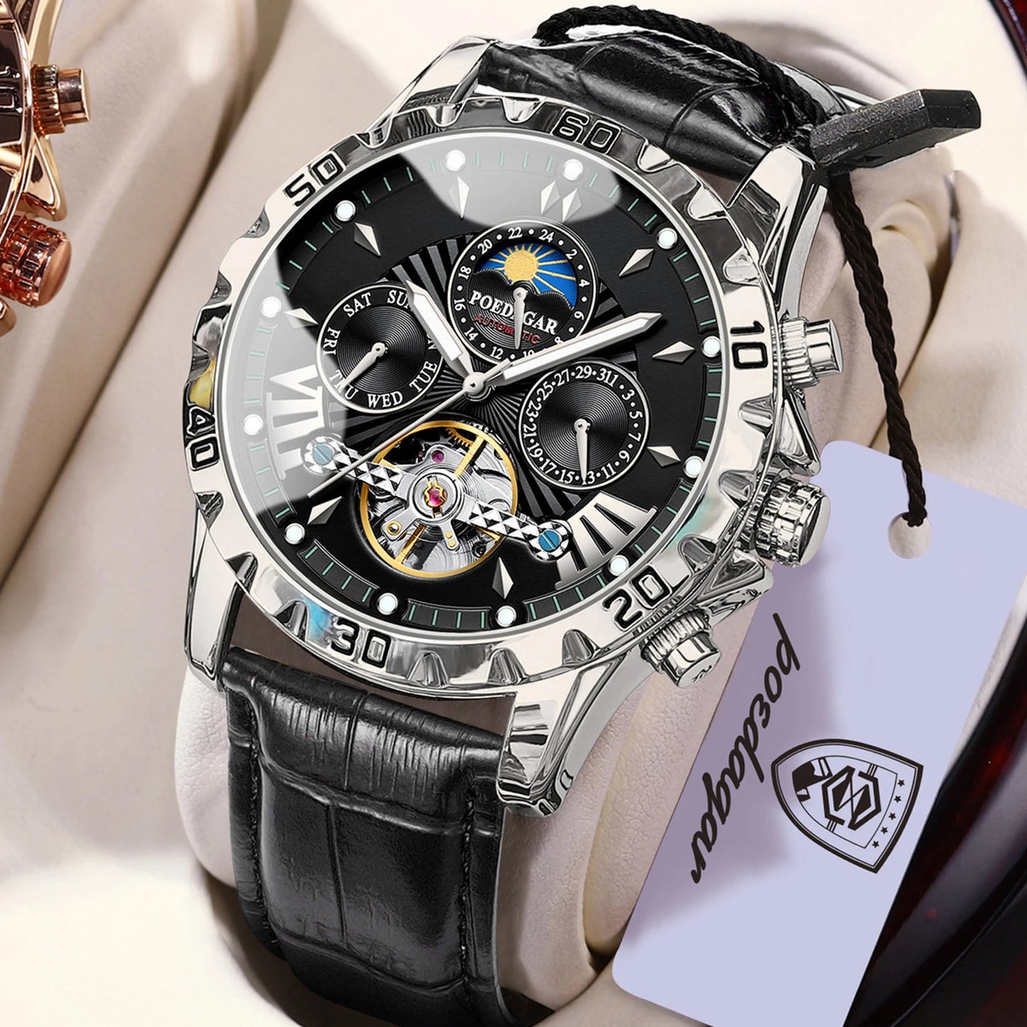 POEDAGAR Luxury Men Watch Luminous Waterproof Hollow Tourbillon Male Clock Week Date Business Automatic Mechanical Men's Watches