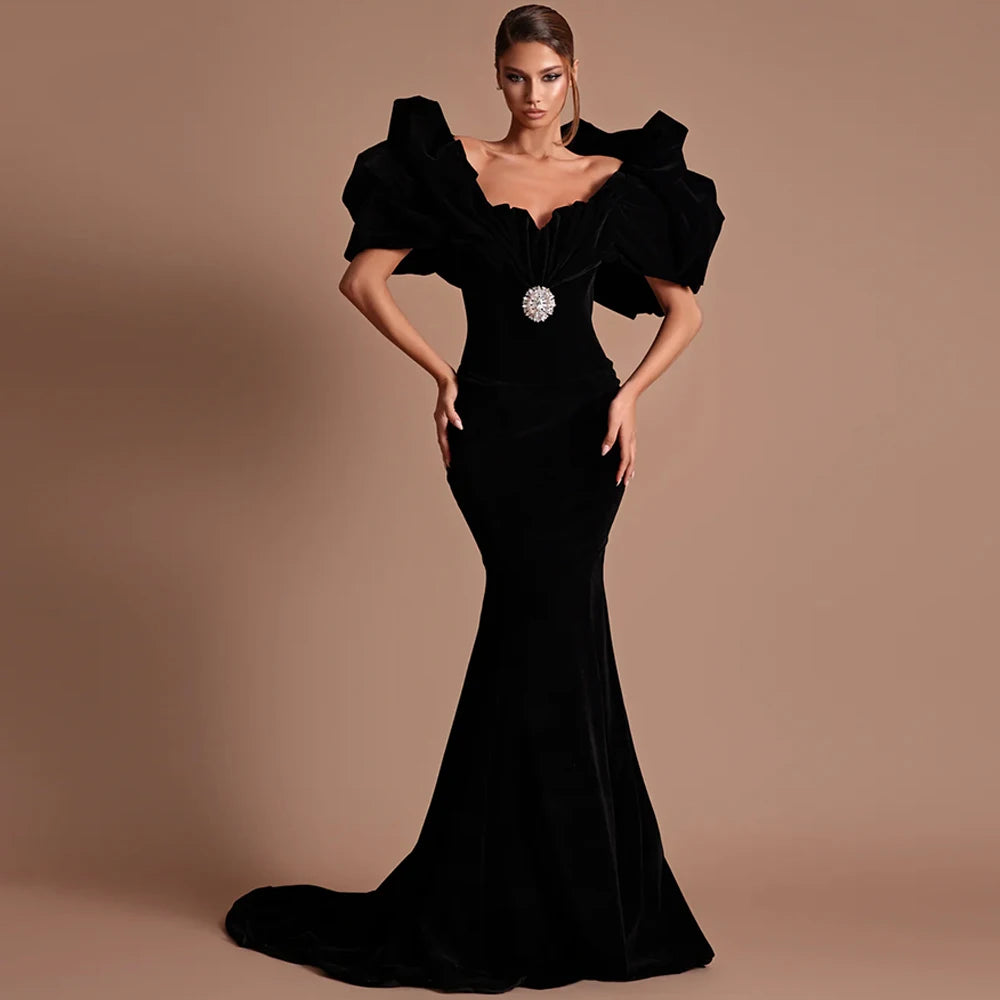 Velour Mermaid Evening Gown | Off-Shoulder Crystal