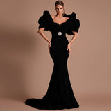 Velour Mermaid Evening Gown | Off-Shoulder Crystal