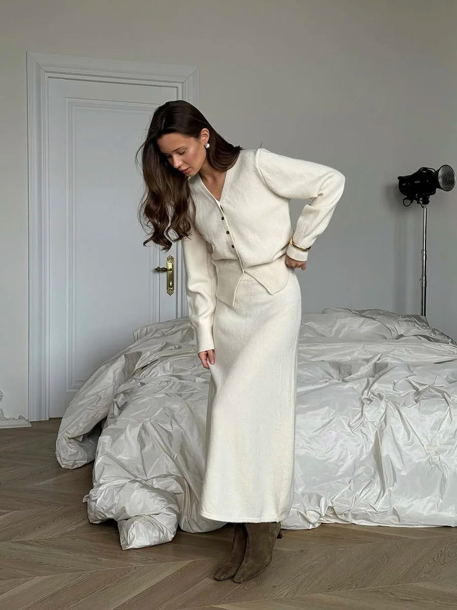 Hirsionsan Sexy Soft Elegant Vintage Women Suits 2 Pieces Female Sets Polo Neck Cardigan Sweater & Midi Dress Knitted TrackSuit
