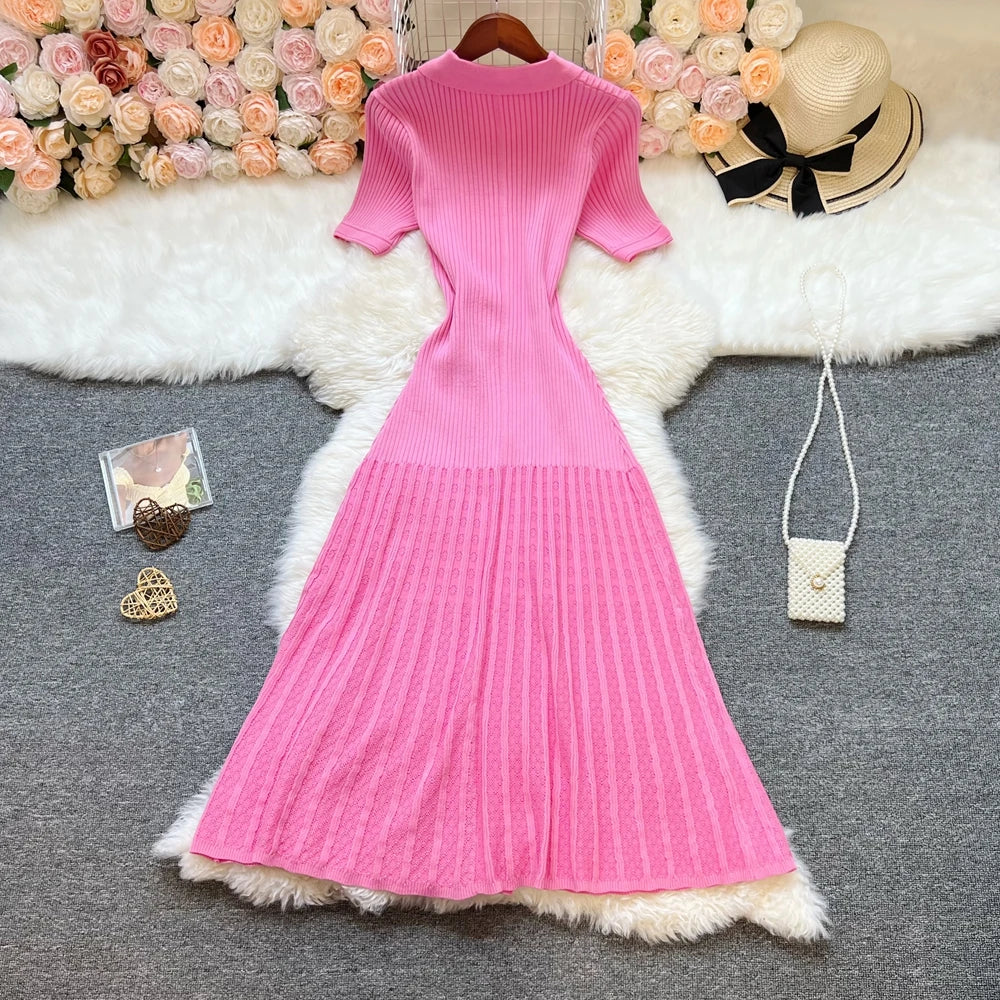 Elegant Collared Knit A-Line Midi Dress