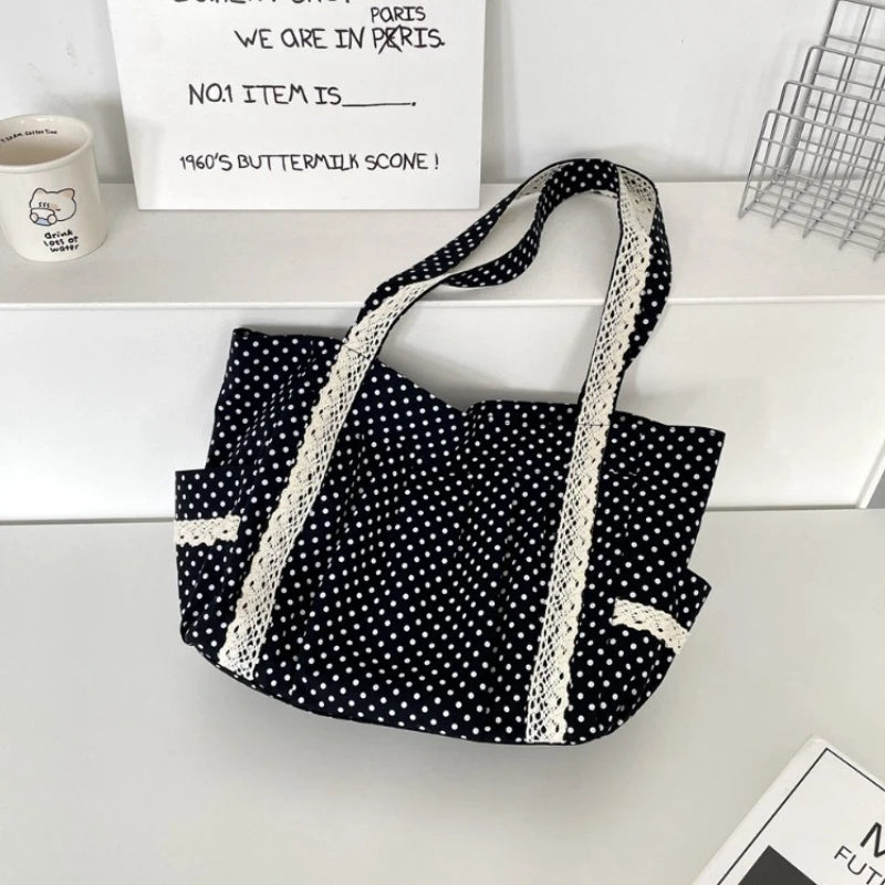 Women Niche Sweet Lace Shoulder Bag Korean Style Vintage Polka Dot Canvas Handbag Large Capacity Multi Pocket Commuting Tote Bag